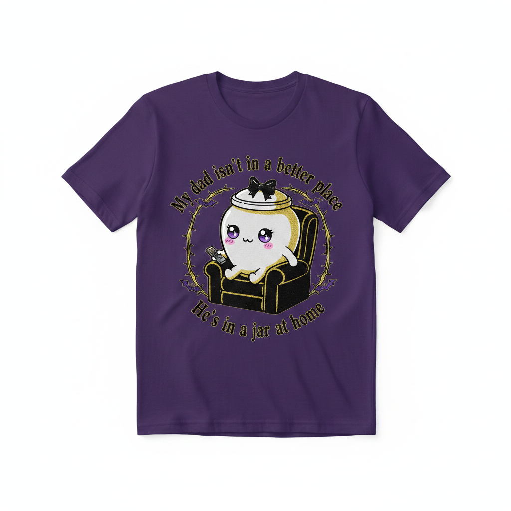 Deep purple t-shirt with gothic cute urn in recliner graphic
