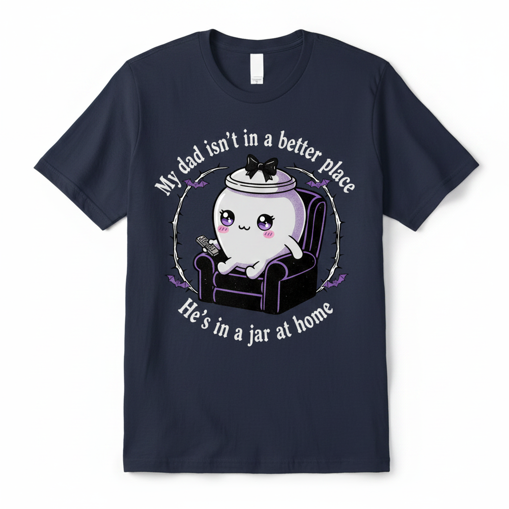 Dark navy blue t-shirt with gothic cute urn in recliner graphic